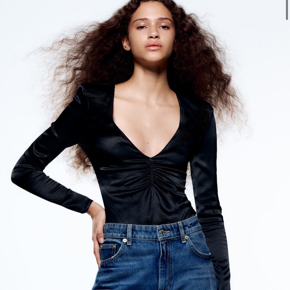 Zara ruched satin shoulder padded bodysuit